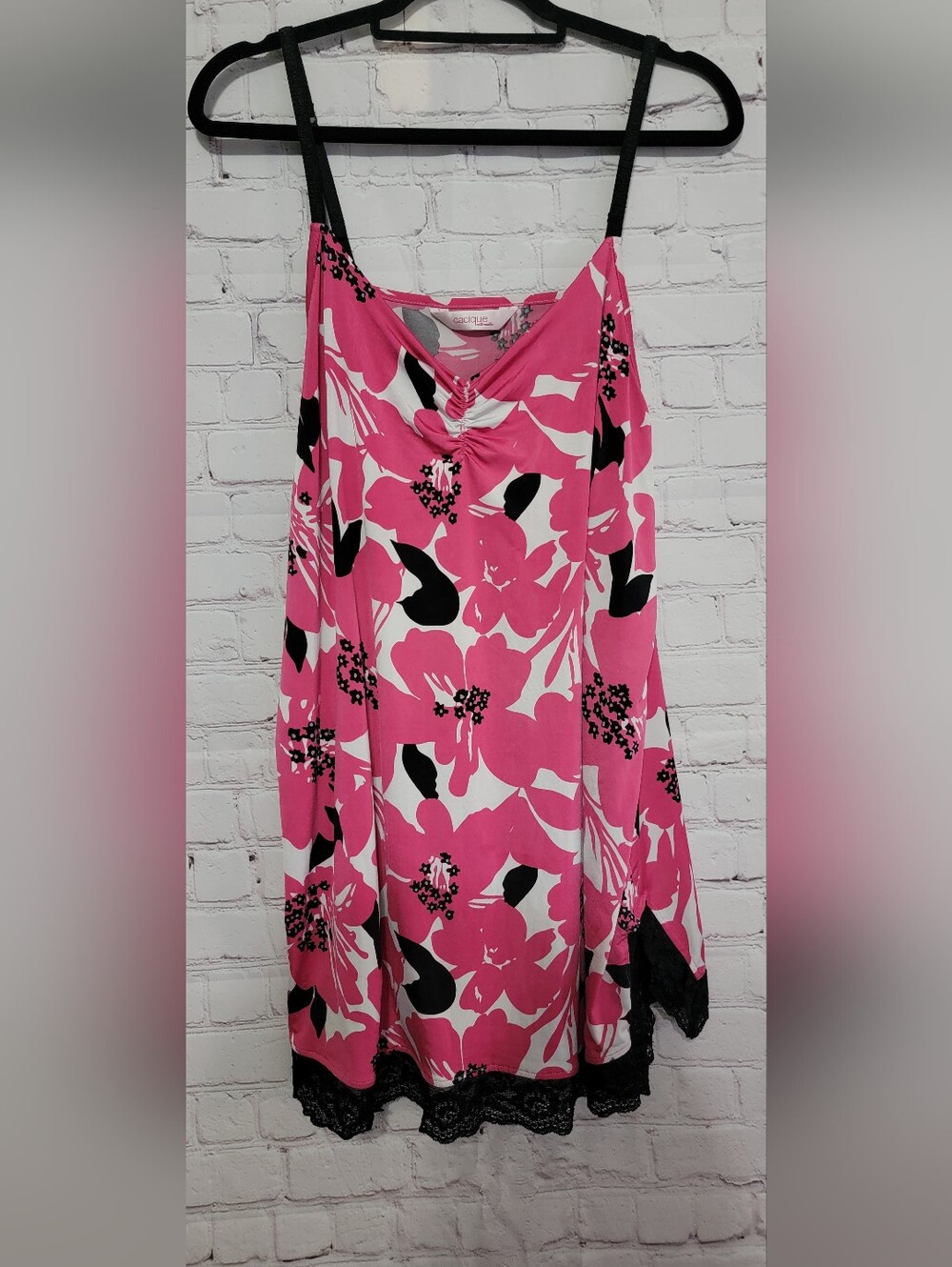 Cacique Intimates Bright Pink Floral V-Neck Chemise with Black & White Accents.